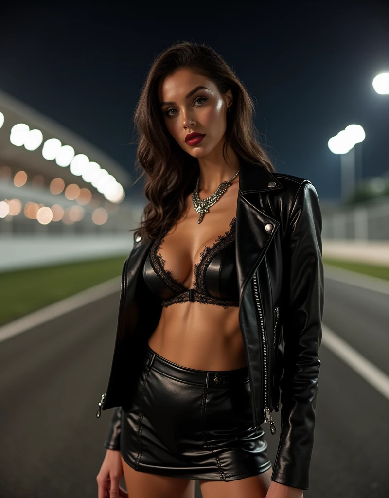 (Masterpiece:1.3), Ultra detailed, Super high resolution, (Realistic, Photo realistic:1.37), High detail RAW color photography, Professional photography, ((Hyperrealism)), (Depth of field), Full sharp:1.3, (1 European girl, Hot model, ), With perfect body, Super beautiful face and eyes, ((Dark makeup, Dark red lipstick, Eyeliner)), (Perfect proportions), (Anatomically correct), ((View viewer)), ((Ultra quality natural hair.)), ((Dark black medium (((Hair slicked to two sides)), Extremely detailed))), ((Without motorcycle:1.3)), (Not good:1.5), ((Wearing a slave bra with chains, Breasts covered with sexy [chainmail]:1.28)), (((Bondage made of  chains: 1.18))), ((Black latex mini skirt:1.3)), ((Unbuttoned leather motorcycle jacket:1.35)), ((Large full breasts:1.1)), (Narrow waist:1.2), average ass, ((Whitens skin, slender face)), nice cheekbones, thin stomach: 1.2, (Very thin, muscular body:1.1), ((Ultra detailed face)), Attention to detail, Double eyelids, ((Black and white finish line flag), (Erotic:1.3), Smile of satisfaction, Gorgeous appearance, Electrifying appearance, ((Full length shot)), (Dynamic pose: 1.4), ((At the racetrack), (Night), Walking), Canon RF 50mm f/1.2 L USM,