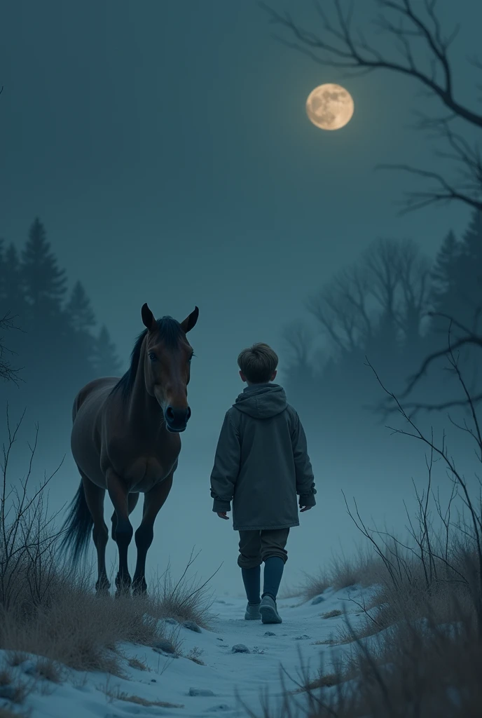 They wander silent dreams unfold
Genetate a picture of the boy Through whispers of the night’s cold and horse stand beside the boy
