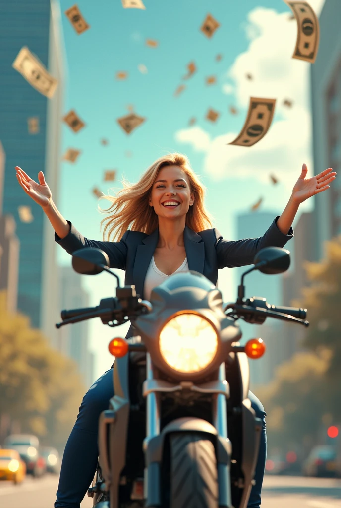 A beautiful female employee rides a motorcycle, smiling happily, looking up, spreading her arms, waiting to receive money, which has a lot of money falling from the sky.
