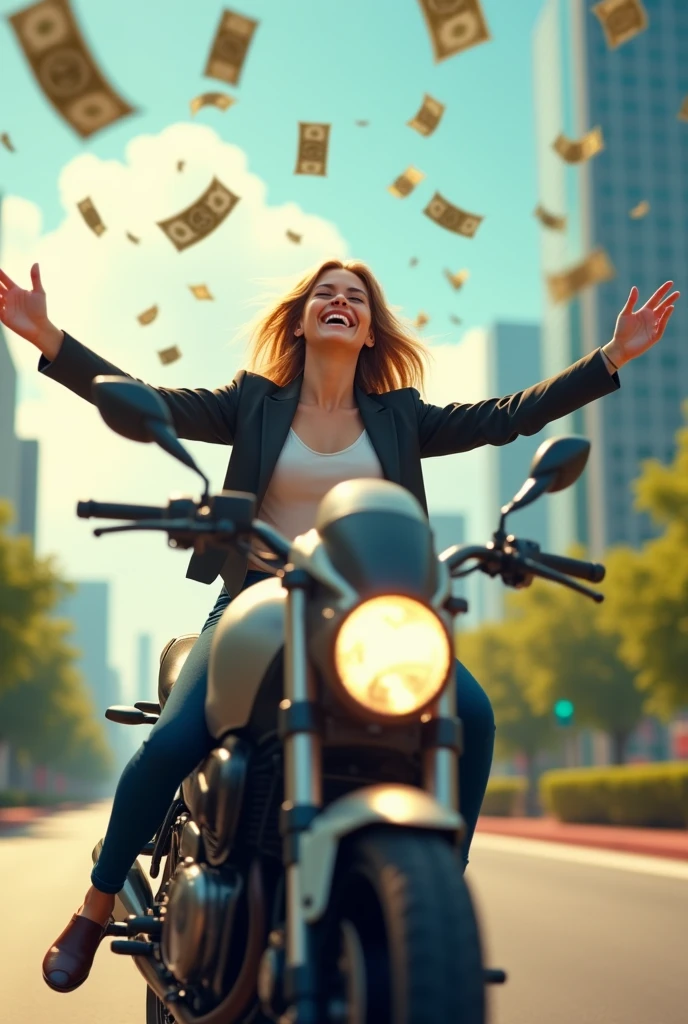  A beautiful female employee rides a motorcycle, smiling happily, looking up, spreading her arms, waiting to receive money, which has a lot of money falling from the sky.