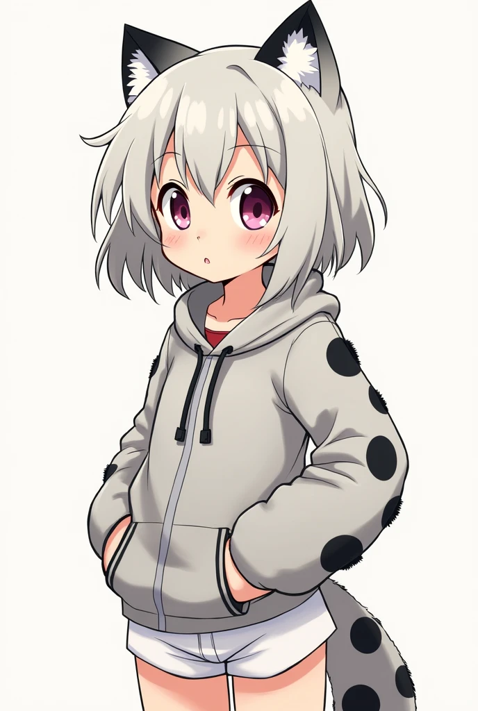 A boku no hero academy style character Girl with short, layered ash blonde hair Of slim build With a tail and snow leopard ears