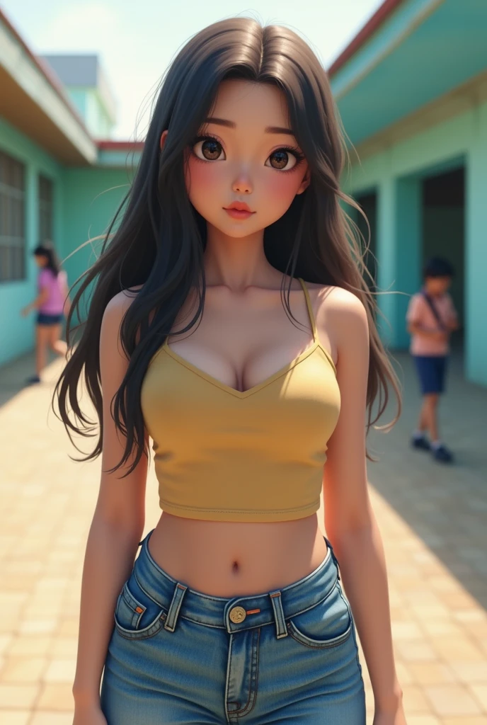 (lifelike, high - resolution:1.3), 1 indonesian girl with a chubby body, Super fine face and eyes,slong hair, Tank top of random colors:1.2, short jeans, big boob,Expose cleavage, school yard,