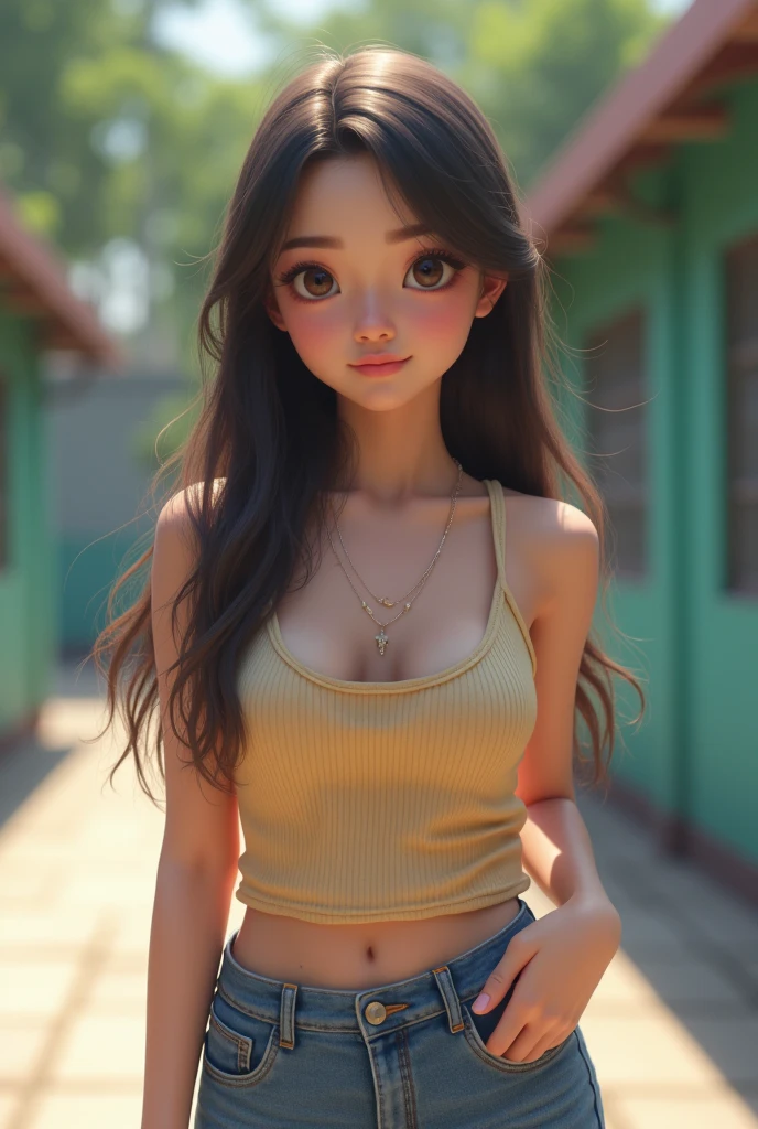 （lifelike， high - resolution：1.3）， 1 indonesian girl with a chubby body， Super fine face and eyes，slong hair， Tank top of random colors：1.2， short jeans， big boob，Expose cleavage, school yard,