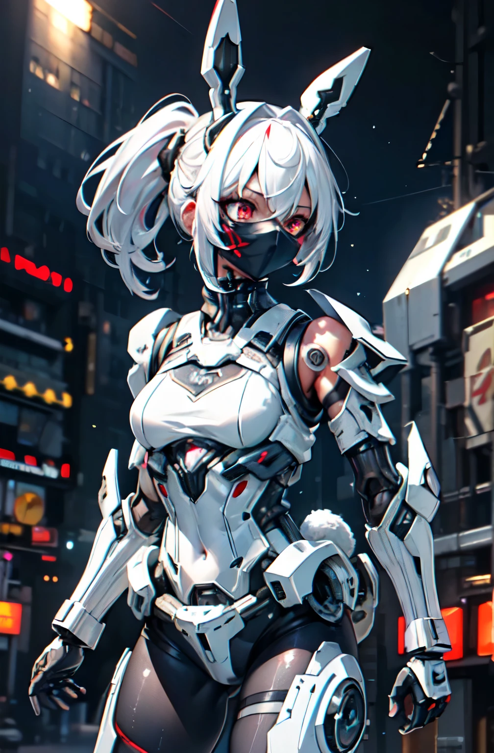 transcendent beautiful girl, (Masterpiece eyes:1.3), (Sleeveless exoskeleton tights:1.3), Sweat skin, (red eyes), (white hair, pony tails), (Exposed lateral chest, Exposed groin), cowboy_Shot, Side focus, Shiny, Medium_Breasts, Wide_lower back, open stance, (Cybertech punk masks:1.2), cyber punk city, (Rabbit ears headgear), Masterpiece, Best quality, Capture super cute moments, Depth of field, Ultra detailed, Ultra-high resolution, C4D, octal, 3D modeling, 8k, 16K,