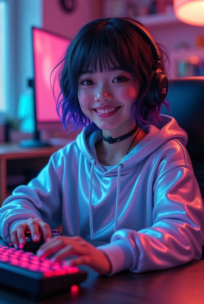 Gamer-Girl, High resolution, best quality, shorth hair, multi-colored hair, in enger metallic Sweatshirt, sits at home on the computer, Make-up, Happy, Backlight, 