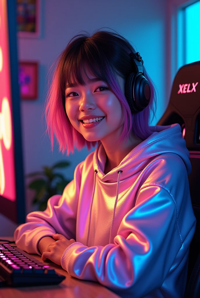 Gamer-Girl, High resolution, best quality, shorth hair, multi-colored hair, in enger metallic Sweatshirt, sits at home on the computer, Make-up, Happy, Backlight,
