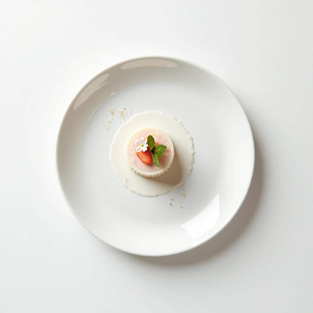 "A top-down shot focusing on a plain white plate set on a plain white table. The plate holds a beautifully arranged dessert, with the simplicity of the setting highlighting the elegance of the presentation."