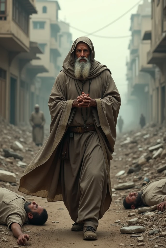 Need a Muslim saints walk around destroyed city and dead bodies spread around