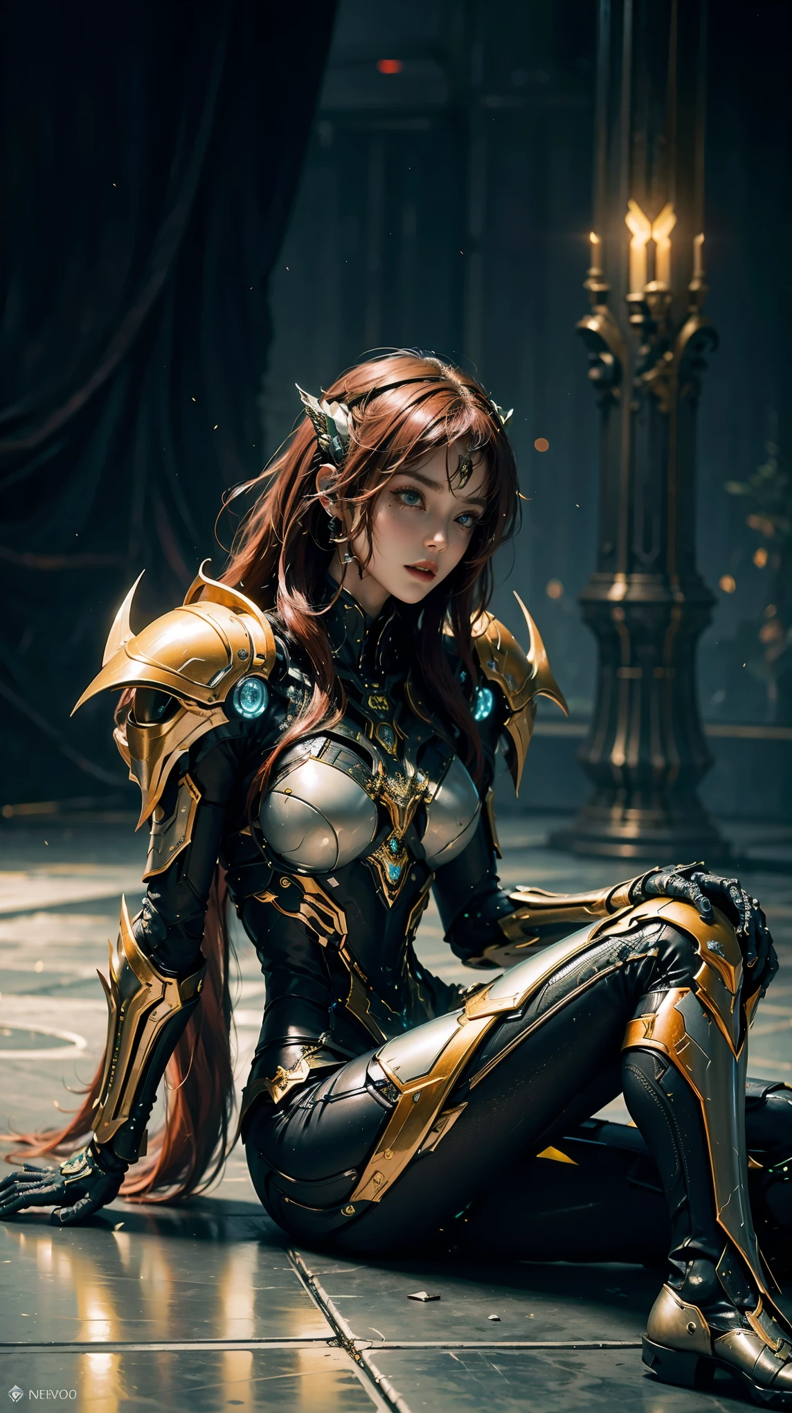 masterpiece, Best Quality, high angle, medieval futuristic city, 1 girl, alone, Pale skin, bee, armor of warframe, red hair to the floor, He doesn't have a helmet, cybernetic suit, cyborg, neon lights on their clothes and cybernetic augmentations, 3D, hyperrealistic, realist, young girl, sexy, beautiful face, warrior pose, kingdompunk style, beautiful, showy, neon lights, intricate details, smooth skin, hyperrealistic, side glance, neckline, Extremely detailed 8k, seeds, High resolution, ultra quality, Highly detailed warrior eyes, very detailed mouth, Very detailed face, Perfect eyes, the eyes are silver colored, true light, Glare, iridescent, global illumination, real hair movement, Light of the neon kingdom, real shadow, The real way, 4k high definition, luz neon realist, bright Eyes, silver eyes, fluorescent eyes, neon light, half body, close up, Neon colors, yellow, blue, negro