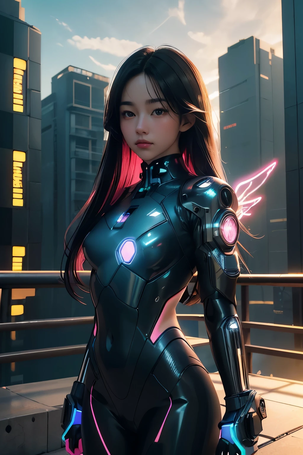 ((Masterpiece, best quality, very detailed), Volumetric light, surrounding occlusion, colorful, glow), 
1 girl, alone, young girl, (dark hair), long hair, radius, Aura, sacred, owner, cybersuits, (Random color scheme:1.3), robot, Bot, Cybernetic wings,
outdoor, sunset, sky, cloud, space, (Cyberpunk theme:1.2),