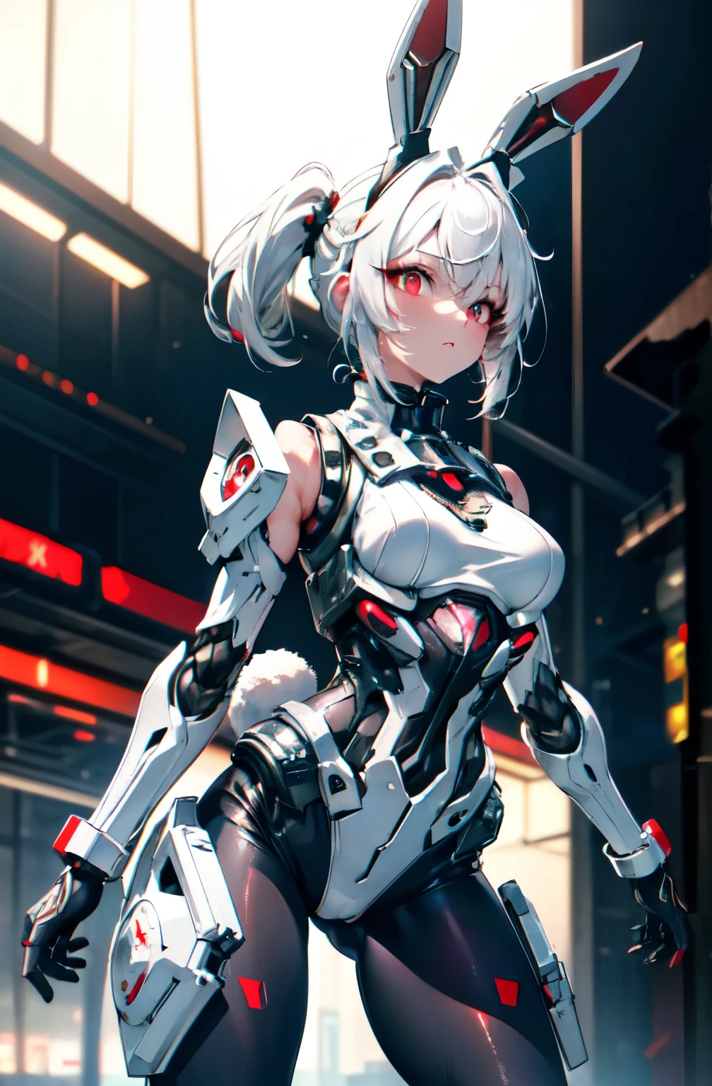 transcendent beautiful girl, (Masterpiece eyes:1.3), (Sleeveless exoskeleton tights:1.3), Sweat skin, (red eyes), (white hair, pony tails), (Exposed lateral chest, Exposed groin), cowboy_Shot, Side focus, Shiny, Medium_Breasts, Wide_lower back, open stance, cyber punk city, (Rabbit ears headgear), Masterpiece, Best quality, Capture super cute moments, Depth of field, Ultra detailed, Ultra-high resolution, C4D, octal, 3D modeling, 8k, 16K,