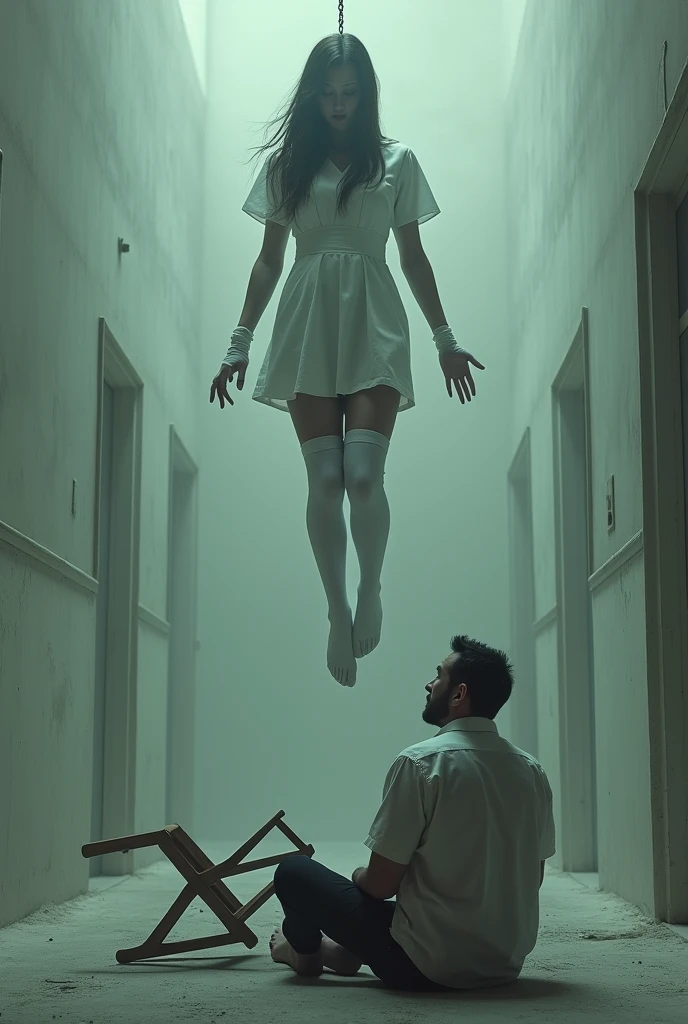 Nurse scene in white thigh high socks, hanged, thòng lọng, hovering in the air , The chair fell at the nurse's feet., man sitting on the ground