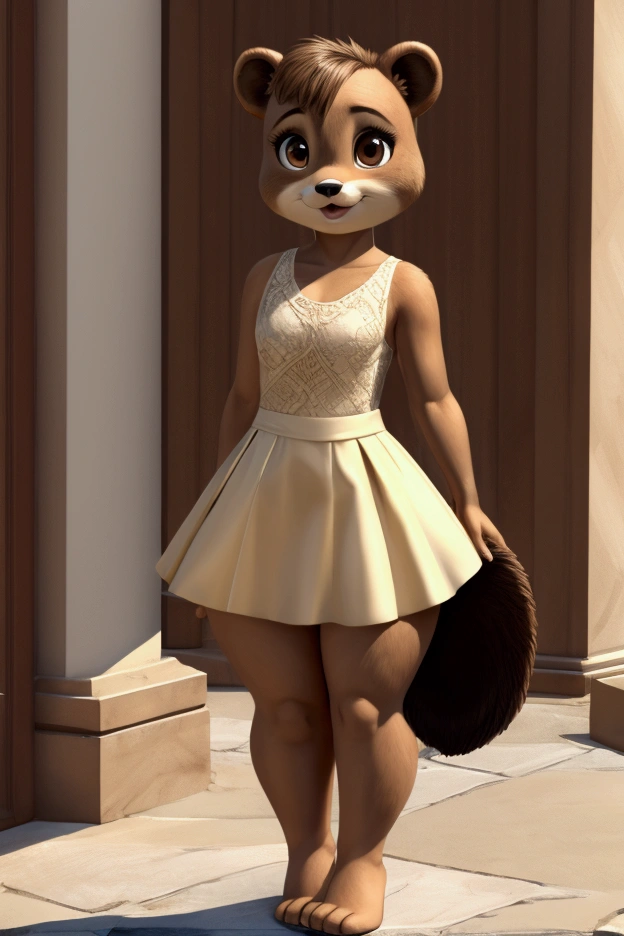 Little slim female beaver with nice big thighs and cream brown fur and cute brown eyes and she is wearing a short dress with a full body mini skirt and she is .