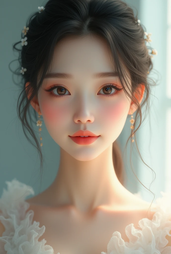 Create a 30 year old girl portrait, with a holy face, High pointed nose, elegant, beautiful, attractive, intelligent, affectionate smile, Asia