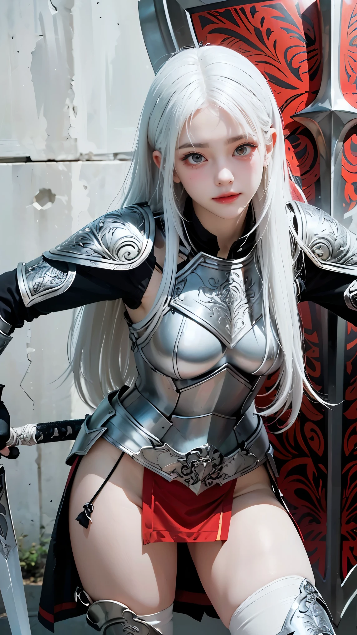 ((best quality)), ((Masterpiece)), (details), perfect face, White Warrior, ((long white hair, white skin, conjunctivitis)), Black Magic Sword, (A greatsword engraved with red runes.), Crazy eyes, Pale cheeks, fantasy novels, 2 women, ((silver armor, glove, And the shield has engraved patterns.))