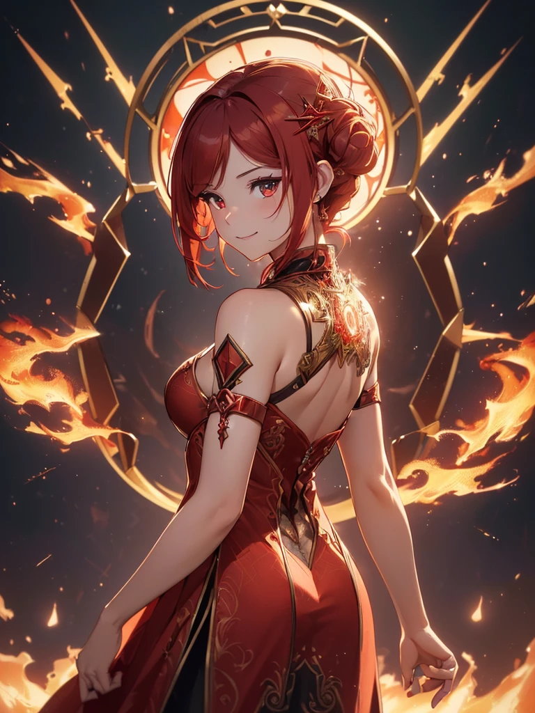 (((best quality, sharp image, clear image, cinematic lighting, 8k resolution, masterpiece, ultra detailed, intricate))) Girl, sorcerer, cute, intricate dress, smiling, fiery red, ((intricate background)), (rune frame), dimension, ((shot from behind)), fire sigils, chaotic background, ((half-body shot))