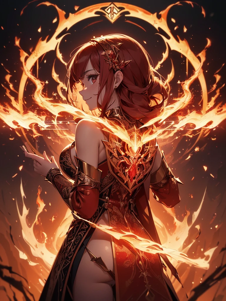 (((best quality, sharp image, clear image, cinematic lighting, 8k resolution, masterpiece, ultra detailed, intricate))) Girl, sorcerer, cute, intricate dress, smiling, fiery red, ((intricate background)), (rune frame), dimension, ((shot from behind)), fire sigils, chaotic background, ((half-body shot))