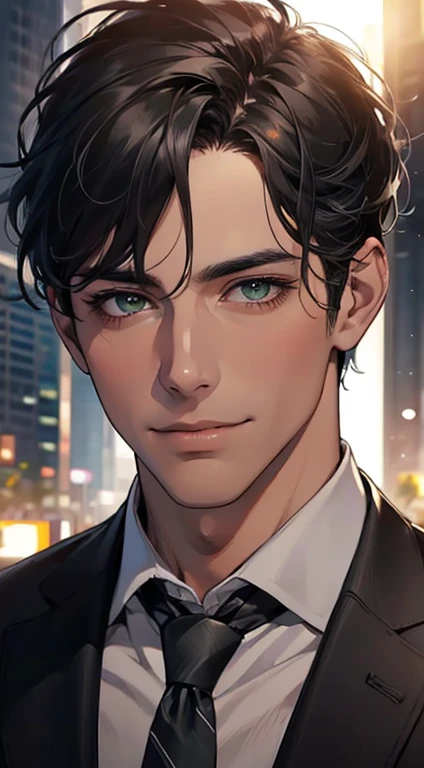 (Highest quality,4K,8K,High resolution,masterpiece:1.2),Super detailed,(Realistic,photoRealistic,photo-Realistic:1.37),1 personld,Mature Men,Beautiful skin、very handsome,Expressionless smile in love,Short gray black hair,green eyes,Sharp Eyes,A perfect face without a doubt,Businessman, CEO, Office Background,Cinema Lighting,HDR image,tie、