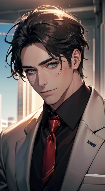 (Highest quality,4K,8K,High resolution,masterpiece:1.2),Super detailed,(Realistic,photoRealistic,photo-Realistic:1.37),1 personld,Mature Men,Beautiful skin、very handsome,Expressionless smile in love,Short gray black hair,green eyes,Sharp Eyes,A perfect face without a doubt,Businessman, CEO, Office Background,Cinema Lighting,HDR image,tie、