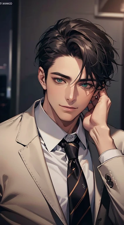 (Highest quality,4K,8K,High resolution,masterpiece:1.2),Super detailed,(Realistic,photoRealistic,photo-Realistic:1.37),1 personld,Mature Men,Beautiful skin、very handsome,Expressionless smile in love,Short gray black hair,green eyes,Sharp Eyes,A perfect face without a doubt,Businessman, CEO, Office Background,Cinema Lighting,HDR image,tie、