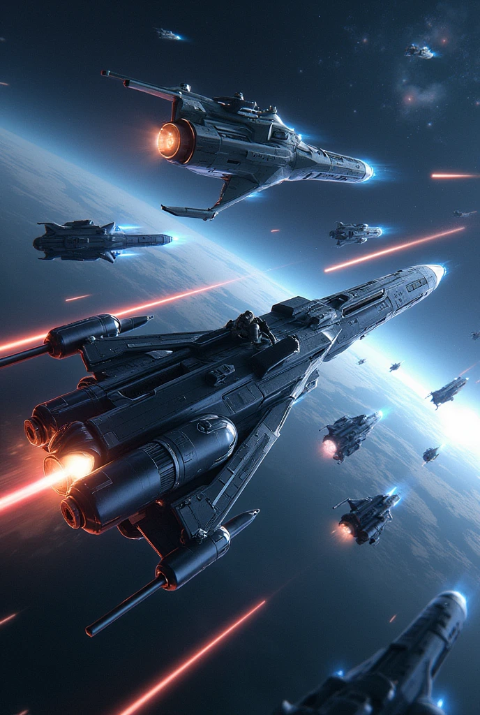 A space shootout, with laser weapons and spaceships.