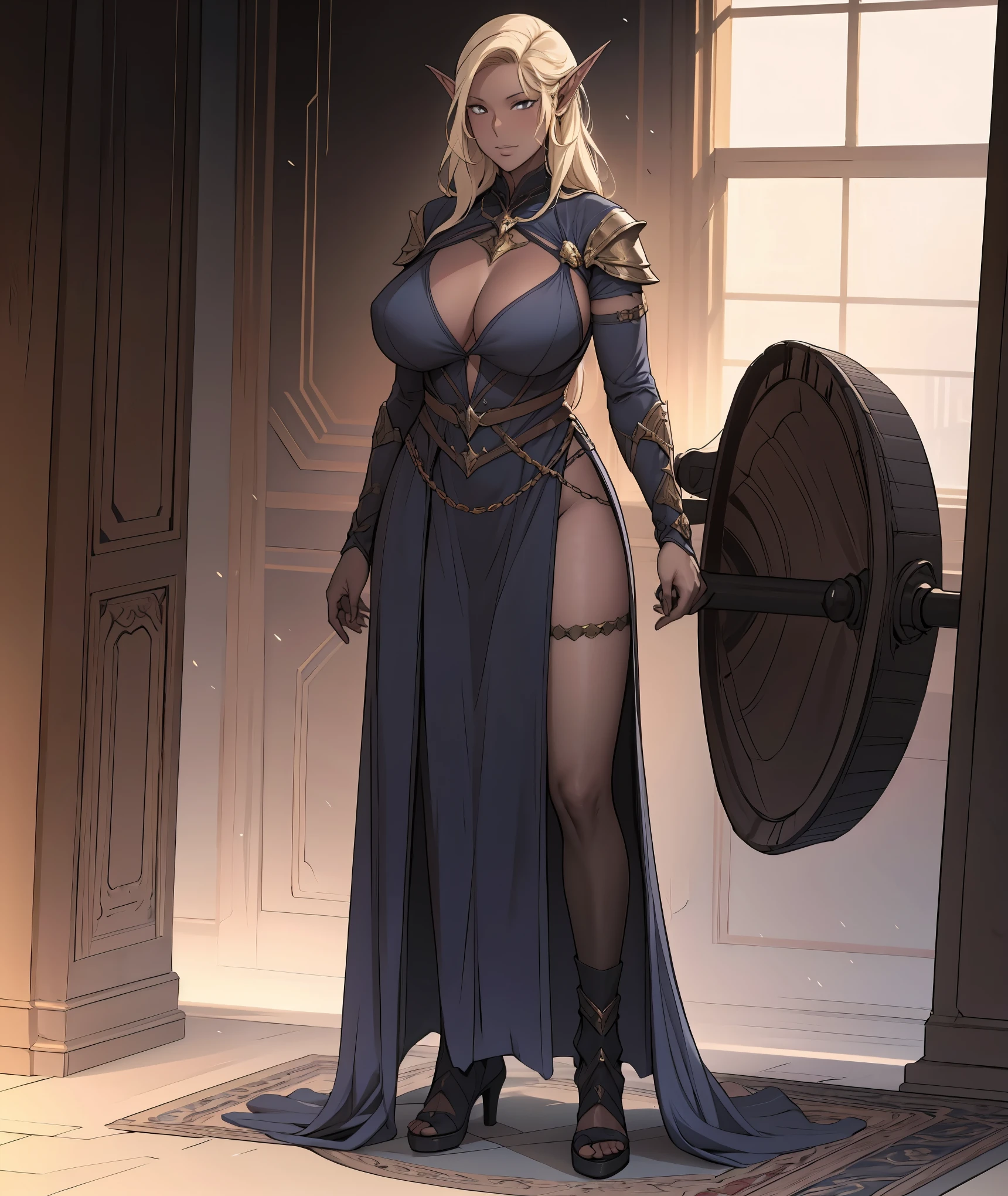 Elf, pointed ears, dark skin, big breasts, knight outfit, adult woman, full body image