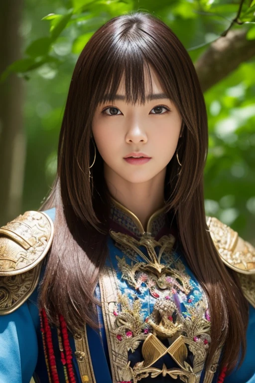 (Realistic, photo-Realistic:1.4), (masterpiece, Highest quality:1.2), RAW Photos, High resolution, Intricate details, Very detailed, Sharp focus, Beautiful girl wearing Japanese samurai armor,armor、 Dynamic pose from the waist up, One girl, (Slingshot, Detailed face, Detailed eyes, Refined nose, Photo Background, Outdoor,