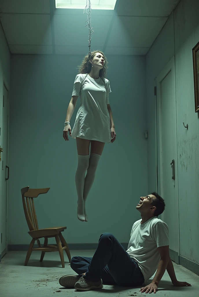 Nurse scene in white thigh high socks, hanged, thòng lọng, hovering in the air , The chair fell at the nurse's feet., man sitting on the ground