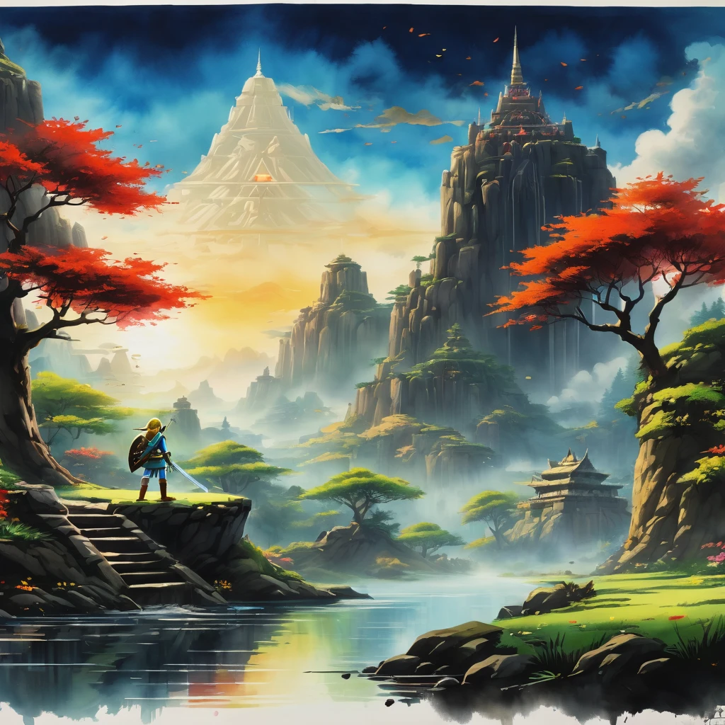 (Zelda style scenery:1.5), (Zelda Theme:1.5), (Ink Painting:1.5), (Good taste:1.5), (Ink Painting:1.5), (Rich colors:1.5), 8K, 4K, (landscape:1.5),