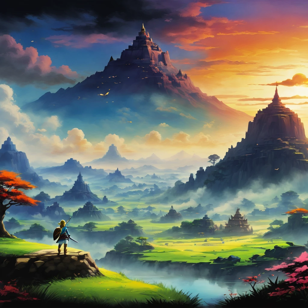 (Zelda style scenery:1.5), (Zelda Theme:1.5), (Ink Painting:1.5), (Good taste:1.5), (Ink Painting:1.5), (Rich colors:1.5), 8K, 4K, (landscape:1.5),