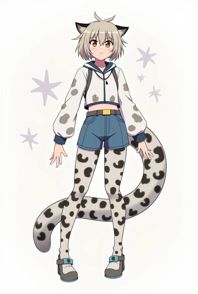 A boku no hero academy style character Girl with , Short, ash-blond, layered hair Slim build With a snow leopard tail and ears