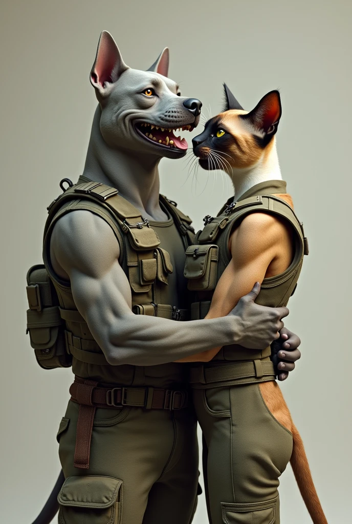 Create a photo of Mr. and Mrs. Smith, but with a difference: Mr. Smith looks like a Pitbull dog and Mrs. Smith looks like a Siamese cat. They are hugging each other. both looking happy and smiling. They are dressed in camouflage clothing with utility belts, giving them a tactical and military appearance.