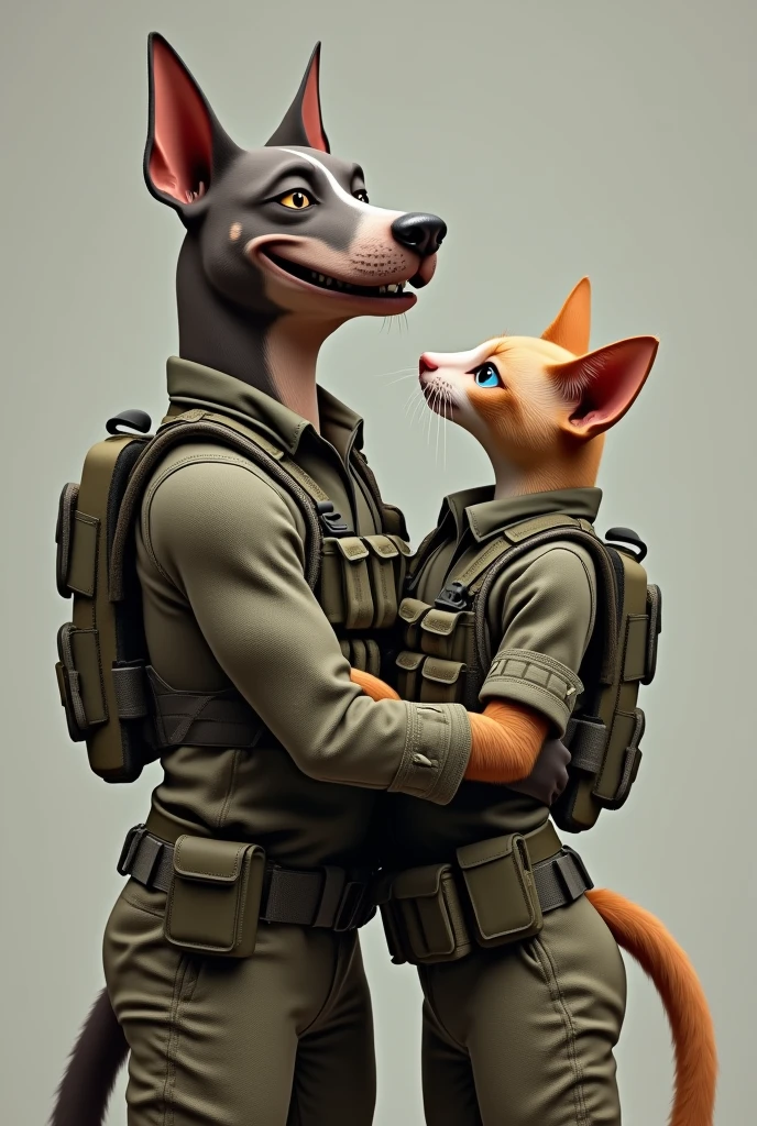 Create a photo of Mr. and Mrs. Smith, but with a difference: Mr. Smith looks like a Pitbull dog and Mrs. Smith looks like a Siamese cat. They are hugging each other. both looking happy and smiling. They are dressed in camouflage clothing with utility belts, giving them a tactical and military appearance.