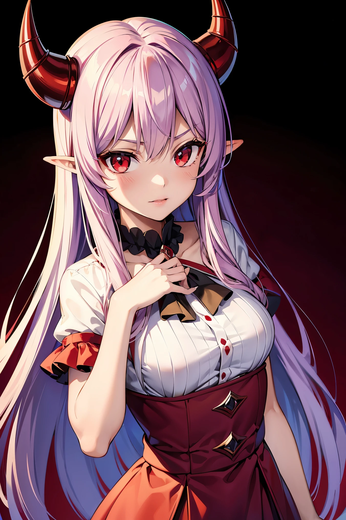 remilia scarlet, girl, red eyes, long hair, demon horns, short sleeve dress, young body, blood on body, high quality, 8k, best quality, 4k, ultra-detailed, realistic, photorealistic, vivid colors, sharp focus, professional, masterpiece, extremely detailed eyes and face, beautiful detailed eyes, beautiful detailed lips, long eyelashes, concept art