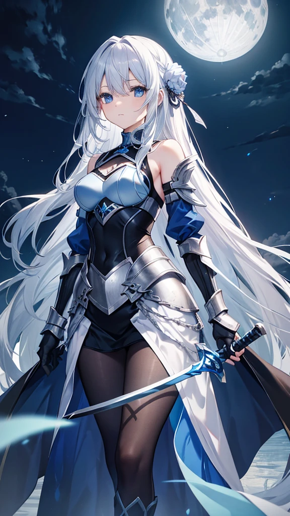 whole body、Silver Hair、Long Hair、Blue Eyes、Blue Horse、Blue and black armor、Long sword、Moon in the background