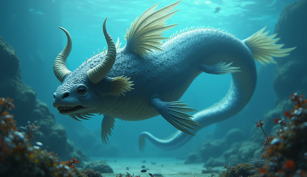 There is a fish underwater with a bull&#39;s head and a snake&#39;s tail，Wings growing from the ribs（best quality，4K，8k，High level，masterpiece：1.2），Ultra Detailed，（lifelike，Photo real，Photo real：1.37）