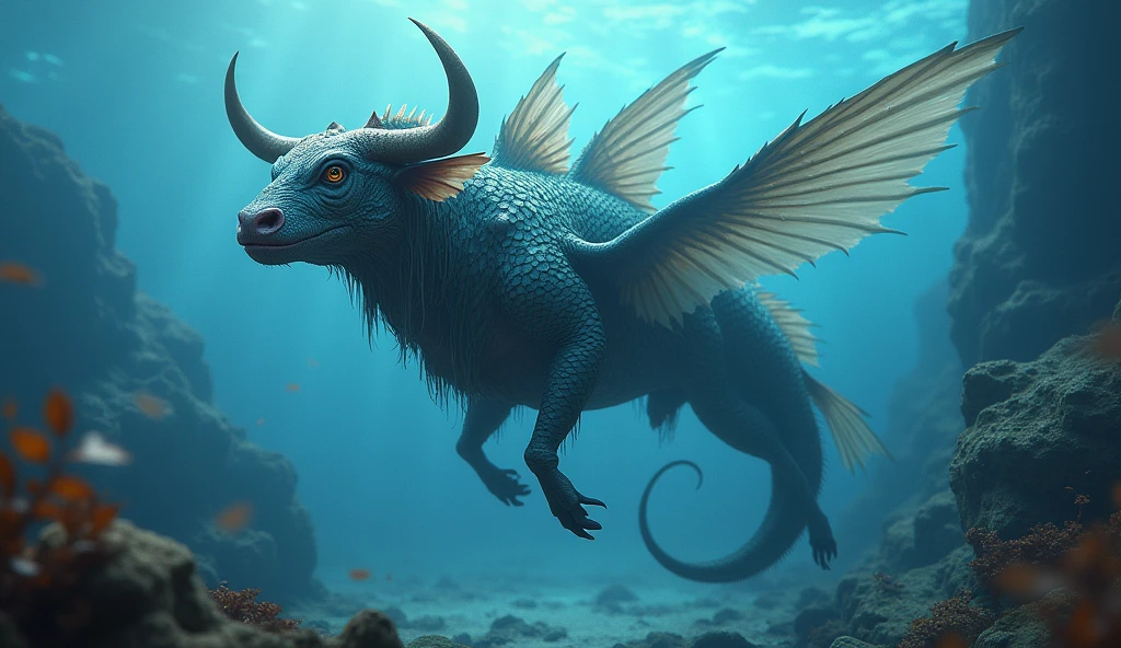 There is a fish underwater with a bull&#39;s head and a snake&#39;s tail，Wings growing from the ribs（best quality，4K，8k，High level，masterpiece：1.2），Ultra Detailed，（lifelike，Photo real，Photo real：1.37）