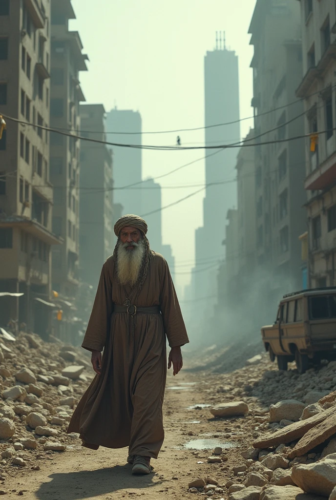 Need a Muslim saints walk around destroyed big city and