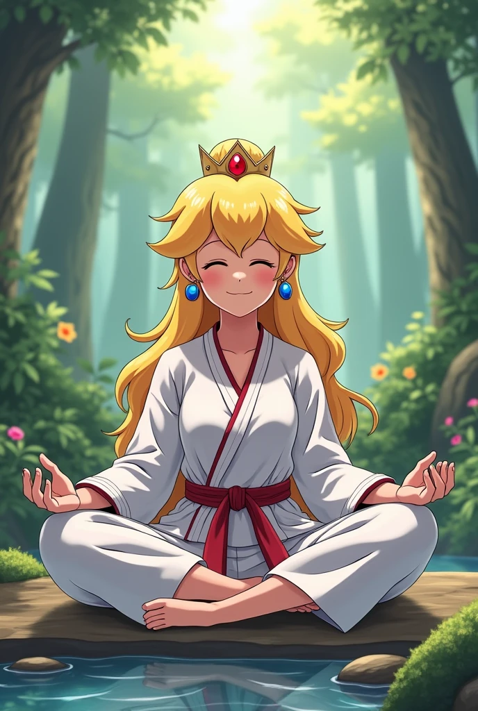 Anime Princess Peach barefoot in karate suit meditating