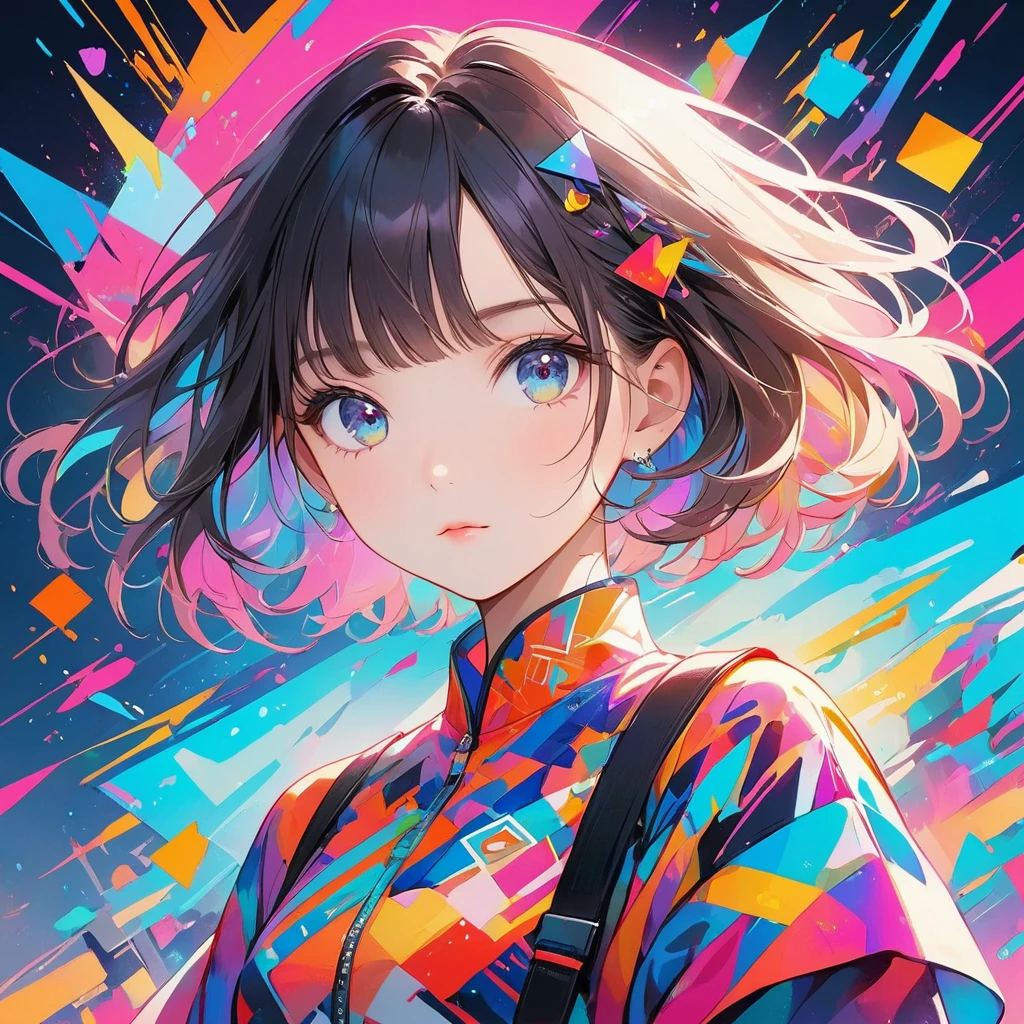 High-resolution, digital art quality with vibrant colors and sharp contrasts, featuring a glossy finish and clean lines. BREAK
Front-facing angle, close-up shot from the chest up, with a clear focus on the character’s face and upper torso. BREAK
A stylized female character with bobbed hair, bangs, large eyes, and a neutral expression, adorned with a modern, abstract-patterned outfit with geometric shapes and multiple colors. BREAK
An intricate background composed of a dense, graffiti-like array of symbols, shapes, and letters in a multitude of bright, neon colors, giving the impression of a digitally augmented reality.