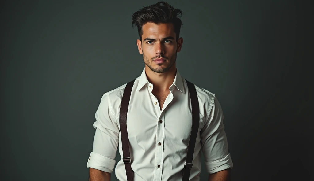"A sharp-looking man in his mid-twenties with neatly combed, dark hair that contrasts sharply against his fair complexion. He is dressed in a crisp, light button-up shirt with the sleeves rolled up to his elbows, revealing toned forearms. His attire is complemented by a pair of suspenders that add to his vintage, yet practical look. His face is clean-shaven, with sharp, angular features that give him an air of seriousness. His eyes, a piercing shade of blue (or another color if preferred), are focused and observant, always analyzing the situation with a calm and methodical approach. His posture is upright and composed, reflecting a personality that thrives under pressure and is driven by logic and reason. Despite the intensity of the moment, his expression remains controlled, revealing little emotion, but his quick, precise movements hint at his deep concentration and mental agility."