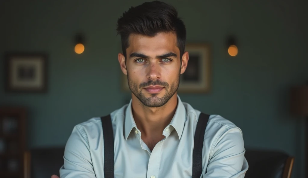  "A sharp-looking man in his mid-twenties with neatly combed, dark hair that contrasts sharply against his fair complexion. He is dressed in a crisp, light button-up shirt with the sleeves rolled up to his elbows, revealing toned forearms. His attire is complemented by a pair of suspenders that add to his vintage, yet practical look. His face is clean-shaven, with sharp, angular features that give him an air of seriousness. His eyes, a piercing shade of blue (or another color if preferred), are focused and observant, always analyzing the situation with a calm and methodical approach. His posture is upright and composed, reflecting a personality that thrives under pressure and is driven by logic and reason. Despite the intensity of the moment, his expression remains controlled, revealing little emotion, but his quick, precise movements hint at his deep concentration and mental agility."