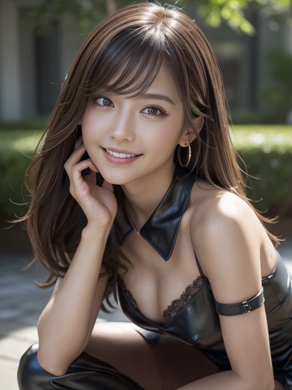 Highest quality、masterpiece:1.2、(Realistic、Realistic:1.37)、1 girl、cute、Wet、Photon Mapping、Radio City、Physically Based Rendering、Gradient brunette hair、Long Curly Hair、good looking、White ball set、Excellent image quality、High resolution、1080P、(Beautiful Face)、(Detailed facial depiction)、(Detailed description of the hand)、(Detailed explanation of the thigh muscles)、Extreme light and shadow、Dirty Hair、masterpiece、Rich details、(exquisite features)、(Best image quality)、(masterpiece)、(Detailed eyes)、Sexy Style、I look forward to meeting you、Delicate clavicle、(Great tit:1.2)、Beautiful Skin、(Faux Leather Lace Queen Cosplay)、(Faux Leather Mini Skirt)、(Wearing long black boots)、smileの女の子、smile、Nature background、