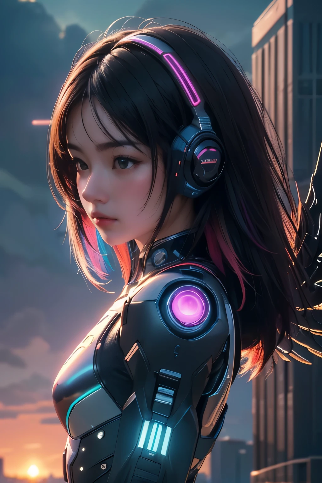 ((Masterpiece, best quality, very detailed), Volumetric light, surrounding occlusion, colorful, glow), 
1 girl, alone, young girl, (dark hair), long hair, radius, Aura, sacred, owner, cybersuits, (Random color scheme:1.3), robot, Bot, Cybernetic wings,
outdoor, sunset, sky, cloud, space, (Cyberpunk theme:1.2),