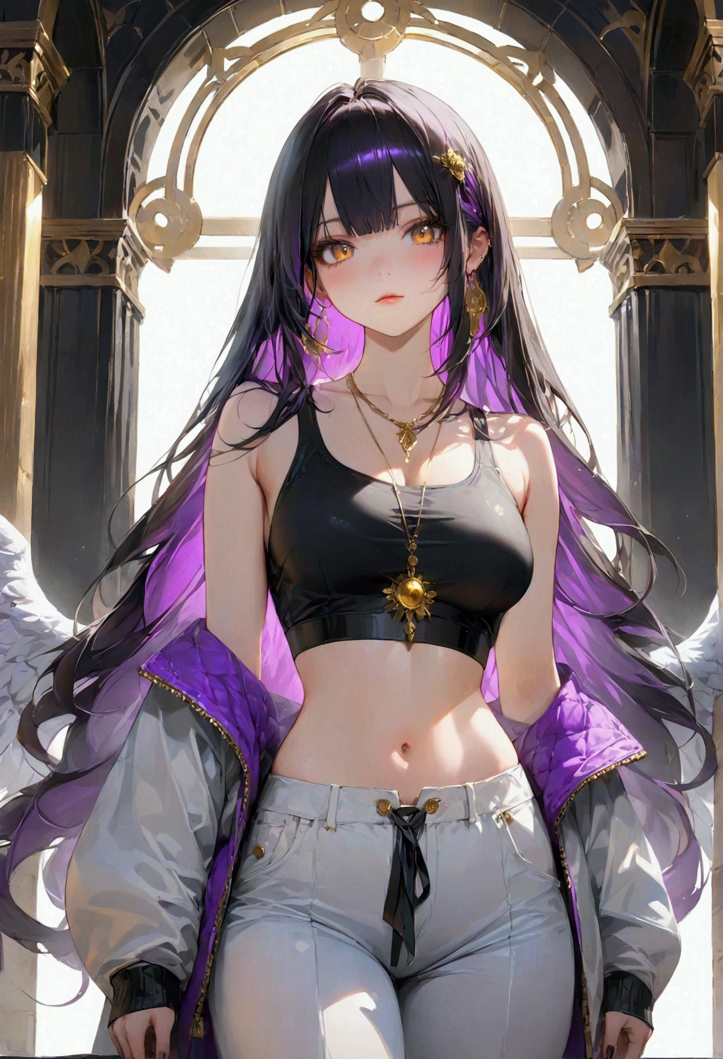 Long smooth straight black hair, inner colored dark-purple hair, golden eyes, standing in croptop and baggy clothes,masterpiece, super detail, best quality, 8k,semi-realistic