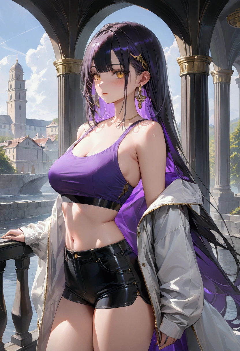 Long smooth straight black hair, inner colored dark-purple hair, golden eyes, standing in croptop and baggy clothes,masterpiece, super detail, best quality, 8k,semi-realistic