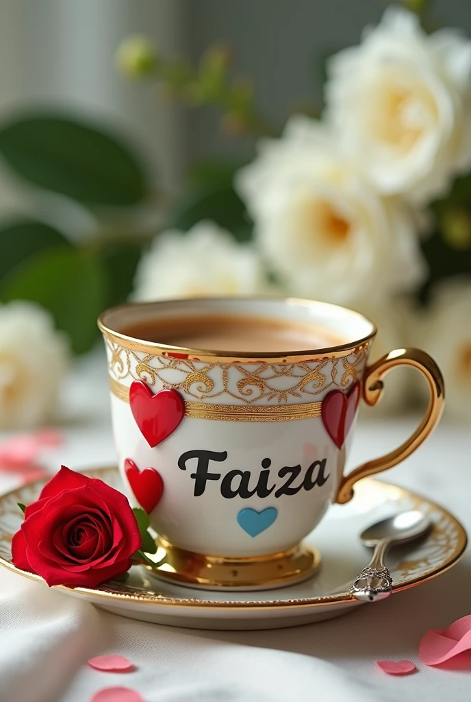 This image features an ornate coffee cup with gold detailing, embellished with red heart-shaped decorations. The name "Faiza" is written on the cup in bold black letters, with a blue heart underneath it. The cup is placed on a matching saucer, with a small, elegant spoon resting beside it. A red rose is positioned near the base of the cup, adding a romantic touch to the scene. In the background, there are soft, out-of-focus green leaves and white flowers, enhancing the delicate and luxurious aesthetic of the image.