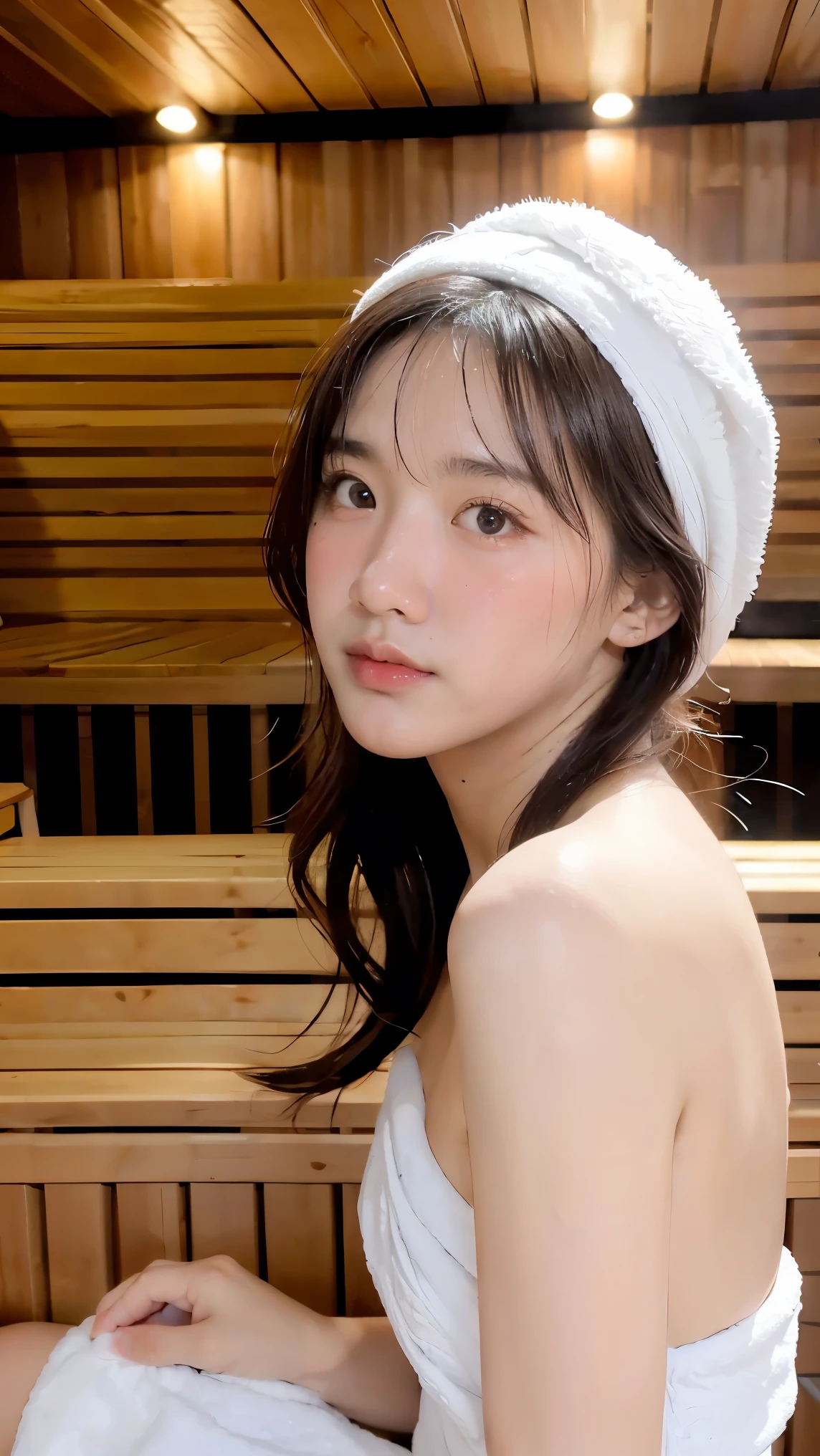 1Girl, Solo, (Masterpiece, Best Quality, 8K,,Photorealistic, real girl, mulberry:1.37), looking up at viewer, 1 dainty Japan, Slender body type: 1.1, Small breasts, Sitting, sauna, Double eyelids, Droopy Eyes, A dark-haired, (Sweaty face, Sweaty body: 1.2): 0.2, (White Oversized Towel Dress, strapless), (small in size, White Towel Turban: 1.1),, realistic body, makeups, Gloss slip, focus on face, smaller face, Sharp focus, Layered Cut, facing the viewer, The sauna has the following.., shot from the front