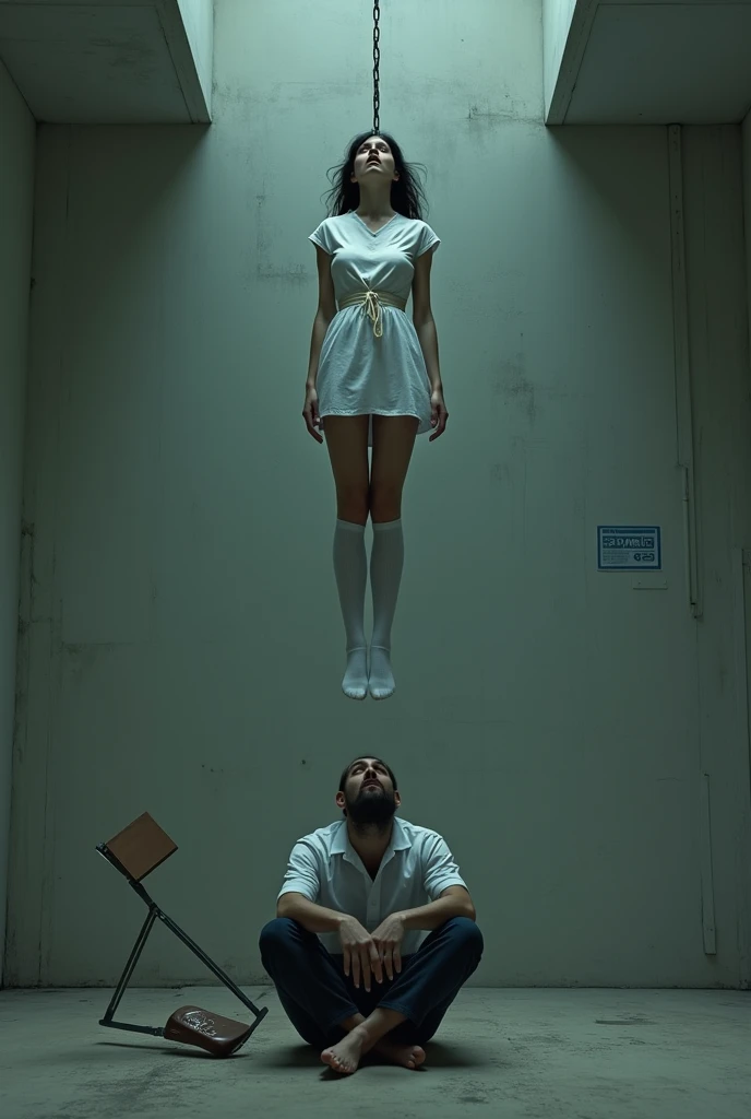 Nurse scene in white thigh high socks, hanged, thòng lọng, hovering in the air , The chair fell at the nurse's feet., man sitting on the ground