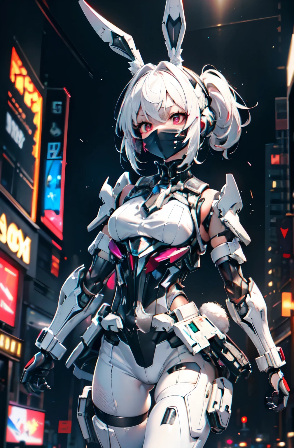 transcendent beautiful girl, (Masterpiece eyes:1.3), (Sleeveless exoskeleton tights:1.3), Sweat skin, (red eyes), (white hair, pony tails), (Exposed lateral chest, Exposed groin), cowboy_Shot, Side focus, Shiny, Medium_Breasts, Wide_lower back, open stance, (Cybertech punk masks:1.2), cyber punk city, (Rabbit ears headgear), Masterpiece, Best quality, Capture super cute moments, Depth of field, Ultra detailed, Ultra-high resolution, C4D, octal, 3D modeling, 8k, 16K,